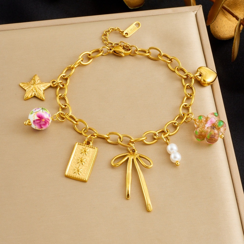 Niche fashion, fresh and rustic style, multi-pendant gold-plated chain, bow, star, ceramic beaded pendant bracelet
