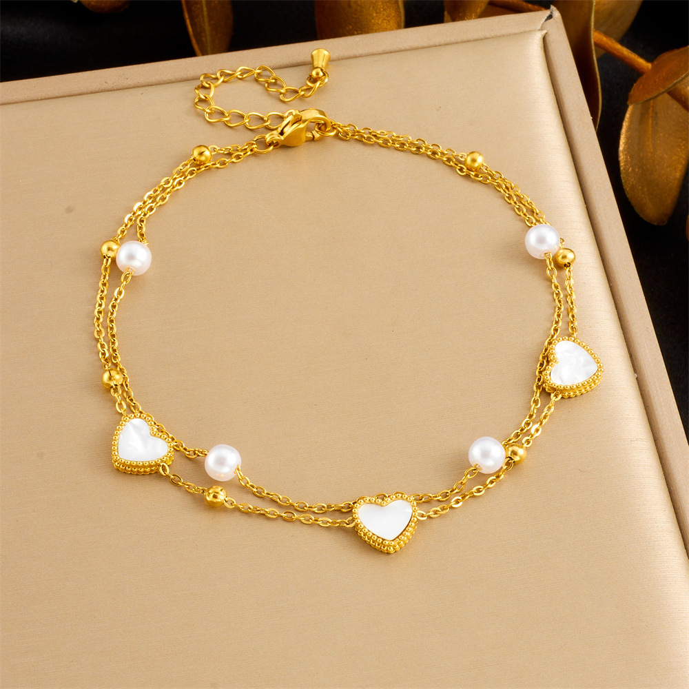 Stylish and simple colorful shimmering seashell and butterfly double-layered beach style stainless steel chain pearl starfish anklet