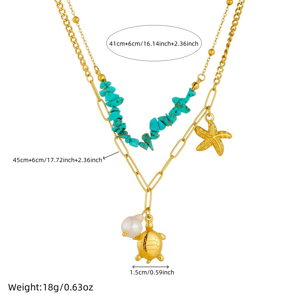 Fashionable and trendy double-layered stainless steel chain necklace featuring a turtle, starfish, blue pebble, and pearl design.