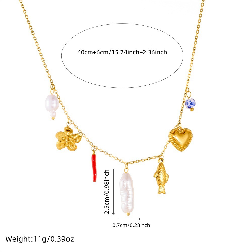 Korean style fashion multi-element accessory irregular pearl long bar gold-plated heart flower fish pendant chain necklace