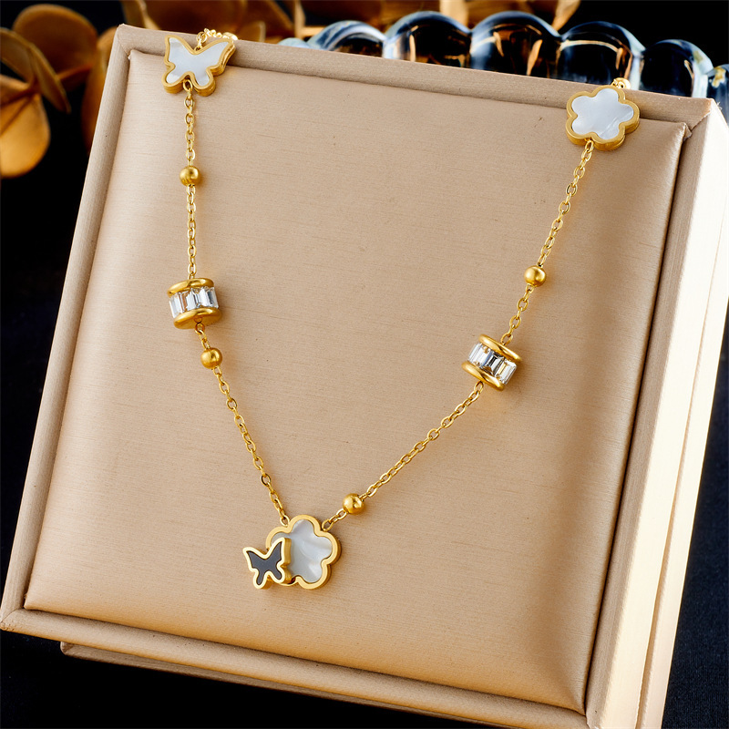 Niche Fashion Retro Style Non-fading Gold Plated Flower and Butterfly Accessories Chain Stainless Steel Bracelet Earring Necklace Set
