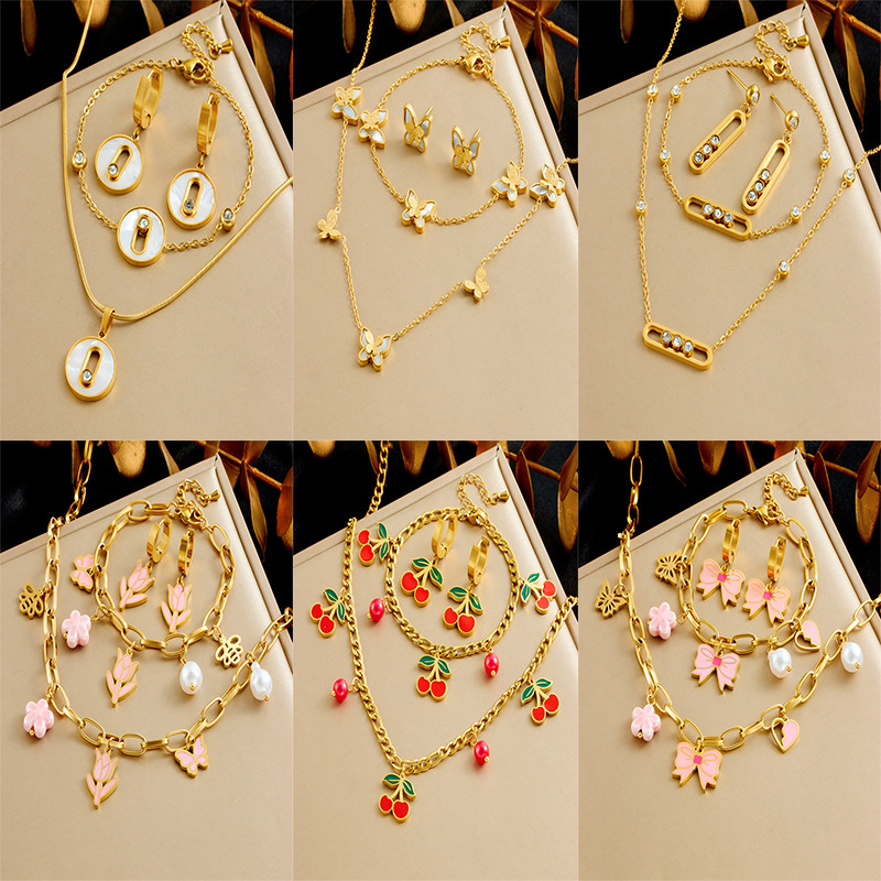 Korean style fashionable sweet and cute oil-pink bow flower cherry butterfly accessory stainless steel jewelry set