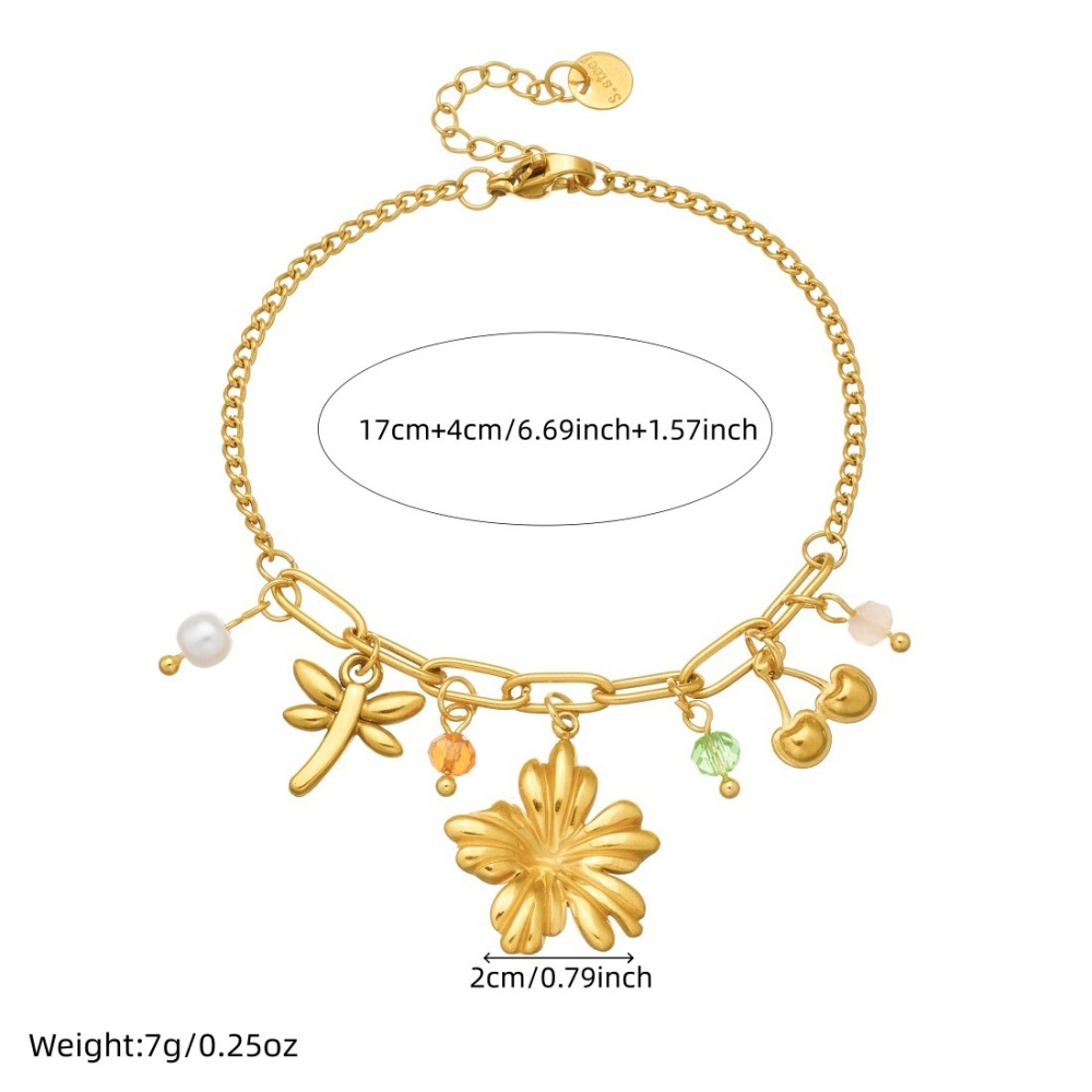 New fashionable pastoral style multi-element gold-plated cherry blossom dragonfly pendant pearl chain stainless steel bracelet for women