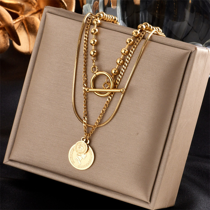 European and American cross-border fashion retro gold-plated double-layered multi-element pendant butterfly pearl portrait round pendant necklace