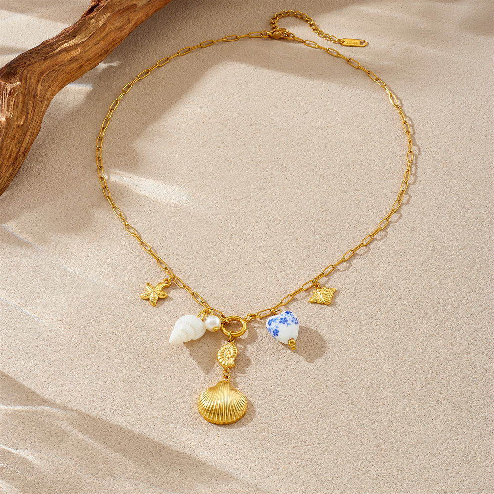 New cross-border ocean series summer vacation fan, seashell, starfish, painted print heart pendant necklace