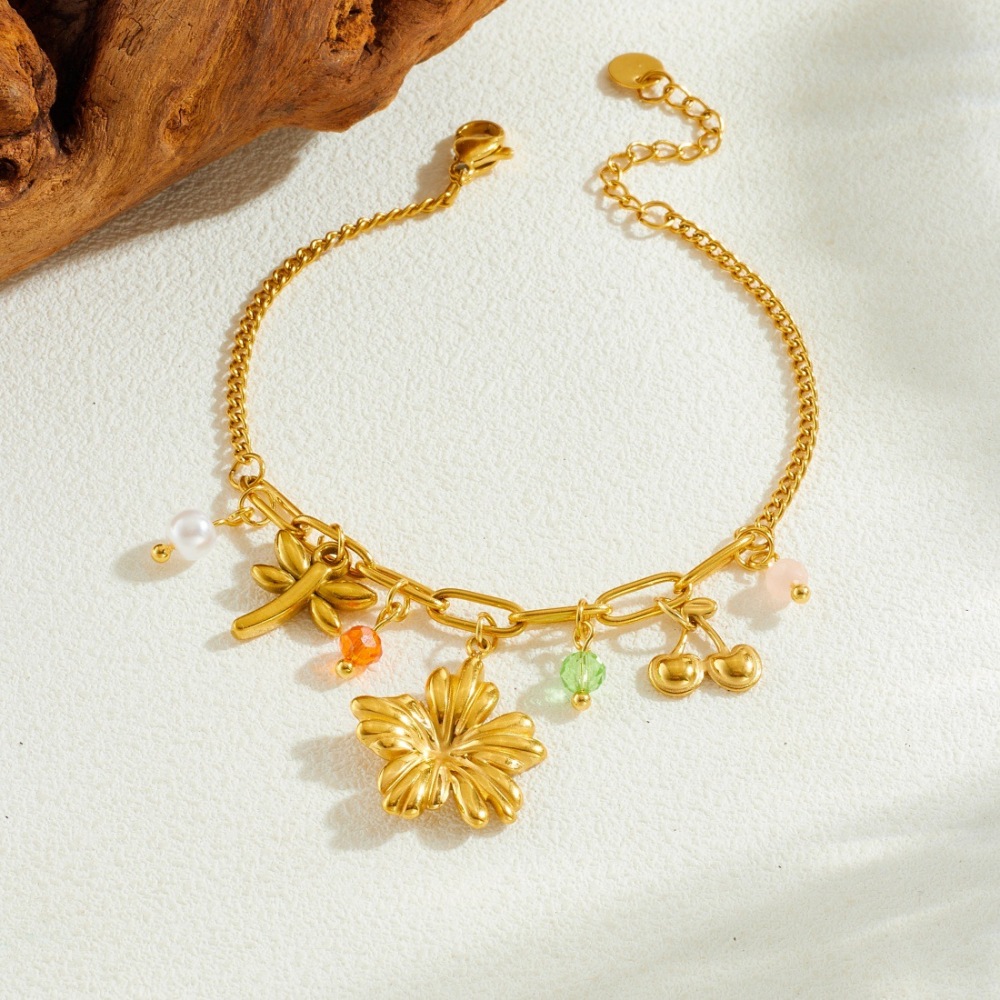 New fashionable pastoral style multi-element gold-plated cherry blossom dragonfly pendant pearl chain stainless steel bracelet for women