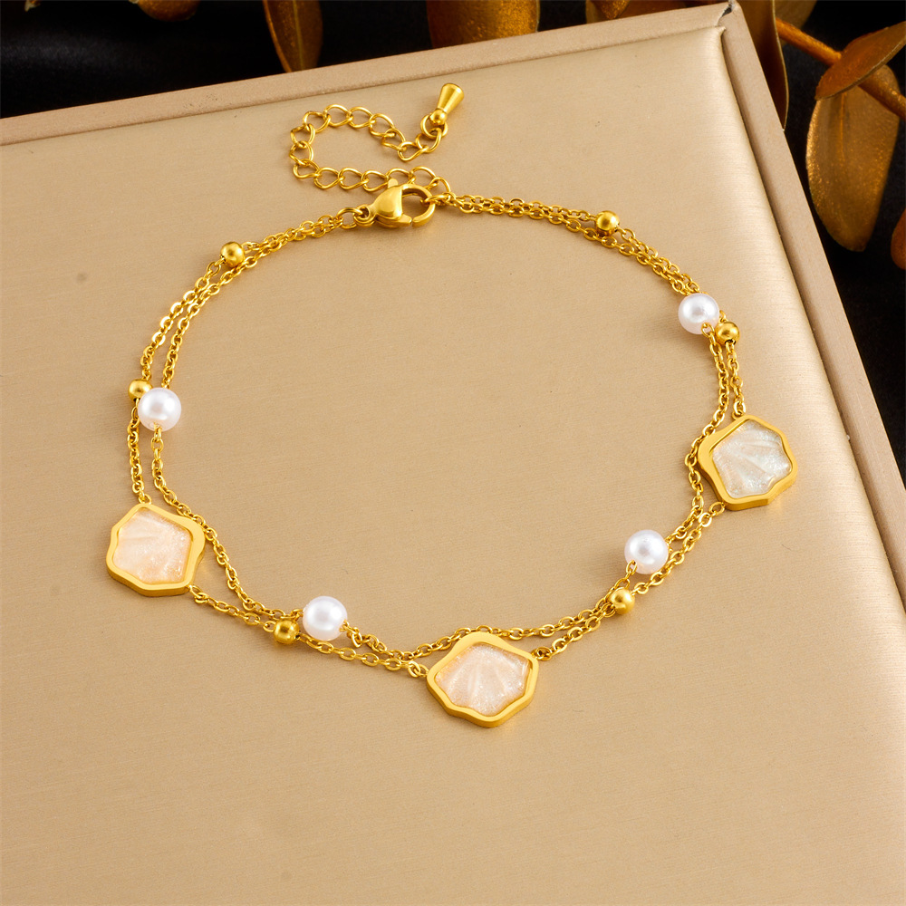 Stylish and simple colorful shimmering seashell and butterfly double-layered beach style stainless steel chain pearl starfish anklet