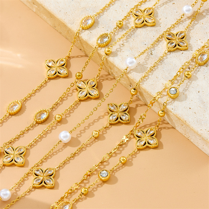 Fashionable cross-border rhinestone diamond four-petal flower double-layer chain pearl accessories geometric stainless steel bracelet