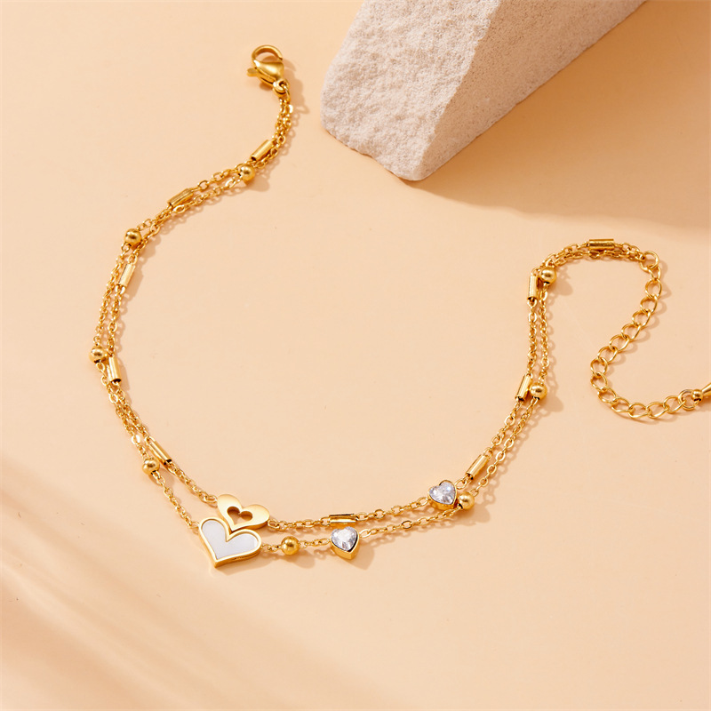 European and American cross-border fashion retro minimalist double-layered heart-shaped diamond-encrusted tree of life accessory chain anklet
