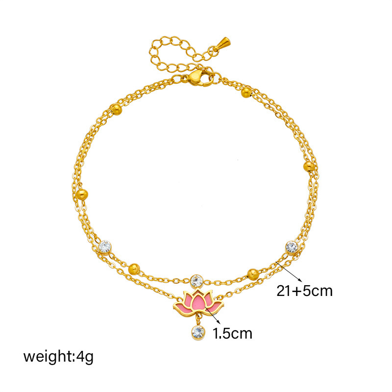 European and American style high-end versatile beach style layered chain metal diamond lotus pendant titanium steel anklet
