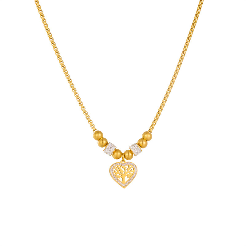 European and American style titanium steel tree of life heart pendant, personalized and simple gold-plated beaded chain necklace
