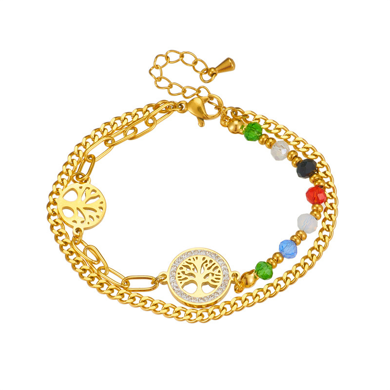 European and American fashion retro irregular chain round tree of life connected colorful bead double-layer bracelet