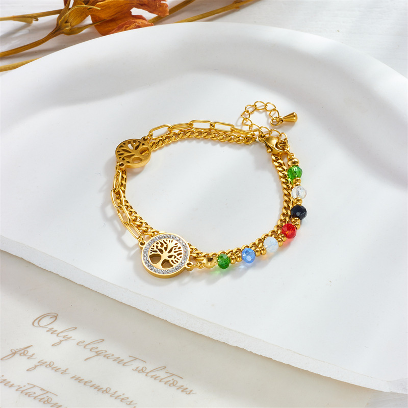 European and American fashion retro irregular chain round tree of life connected colorful bead double-layer bracelet
