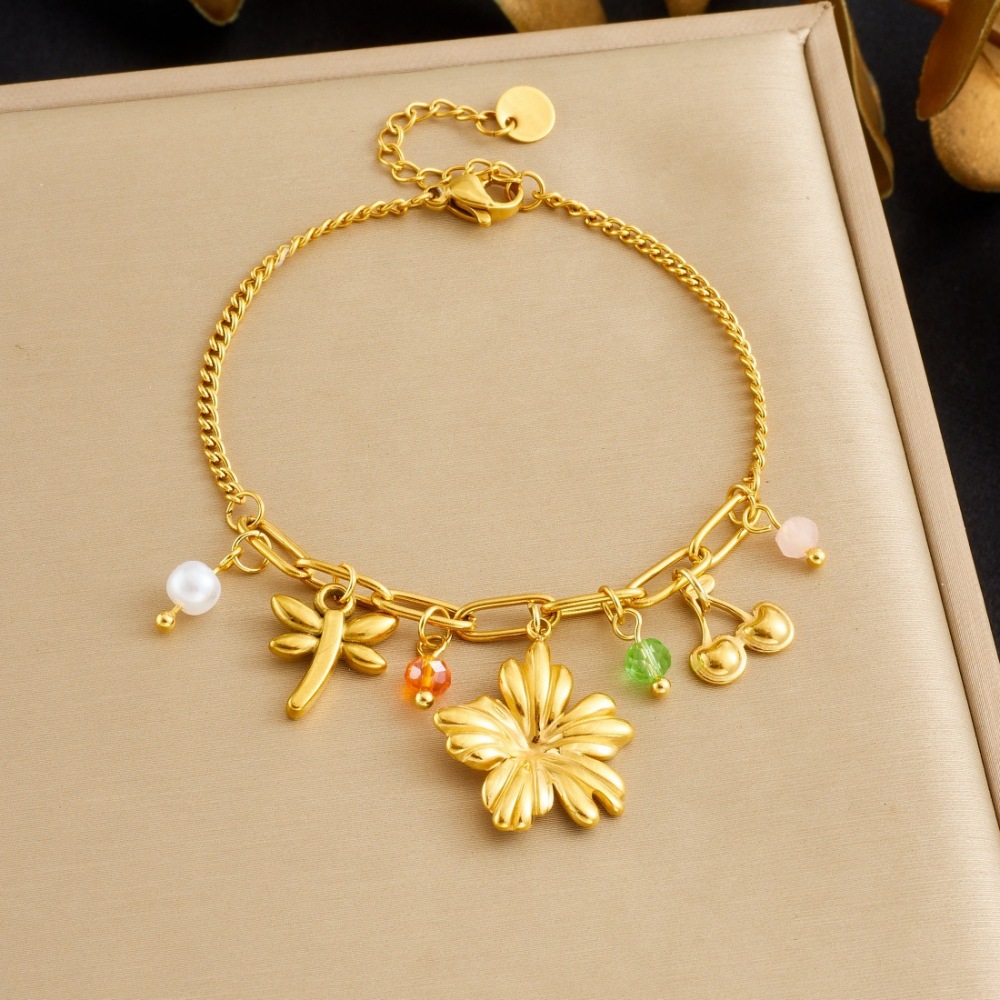 New fashionable pastoral style multi-element gold-plated cherry blossom dragonfly pendant pearl chain stainless steel bracelet for women