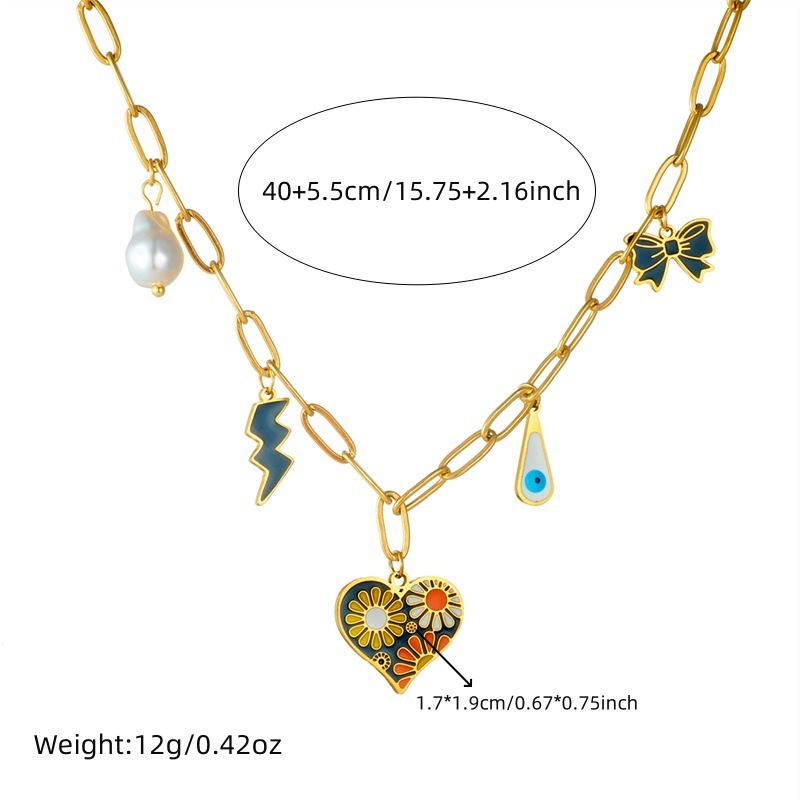 Cross-border fashion, versatile, trendy, cool painted drip heart daisy lightning bow pendant chain stainless steel necklace