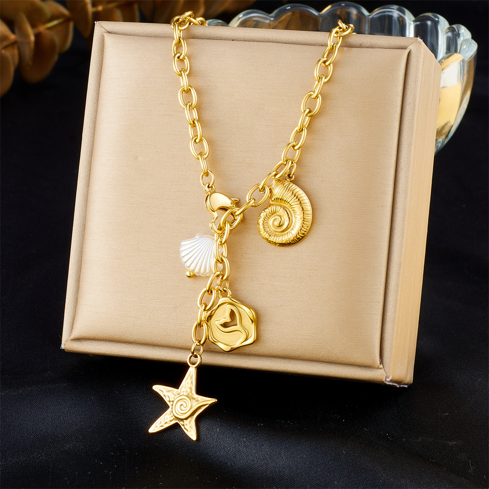 European and American fashion ocean style pendant starfish tail seashell gold-plated stainless steel chain jewelry necklace