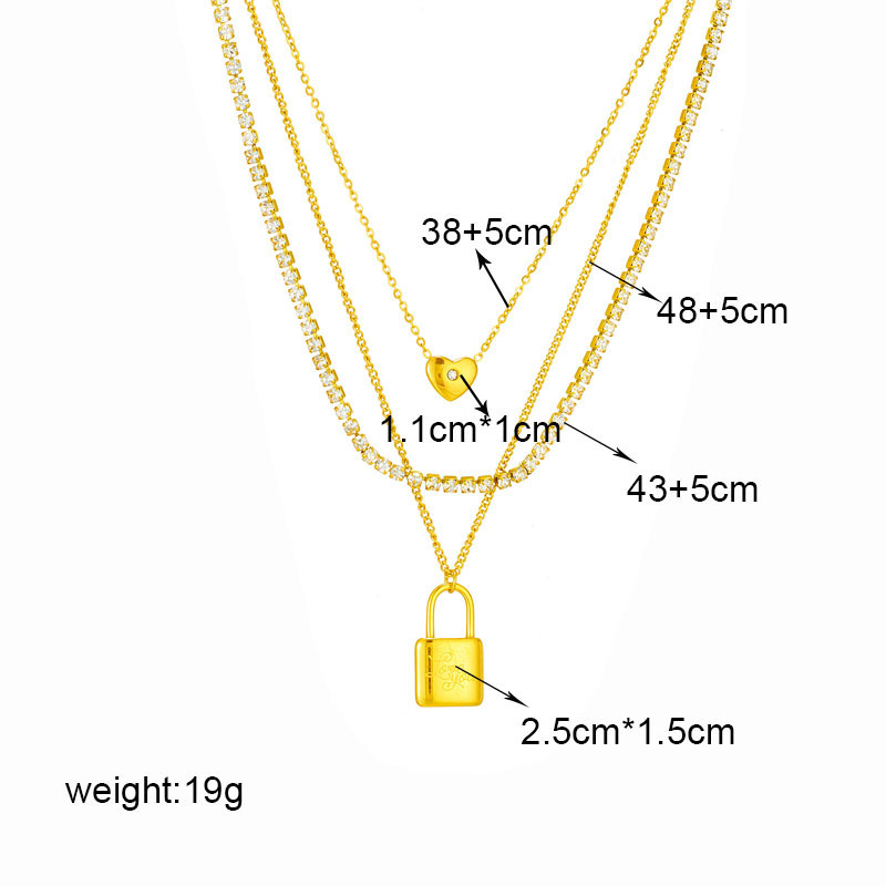 European and American fashion, cross-border retro high-end metal multi-layered stainless steel diamond-encrusted chain heart pendant necklace