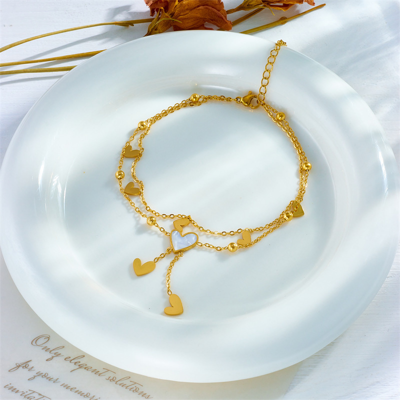 European and American style niche personalized versatile high-end chain tassel heart pendant titanium steel multi-layered anklet