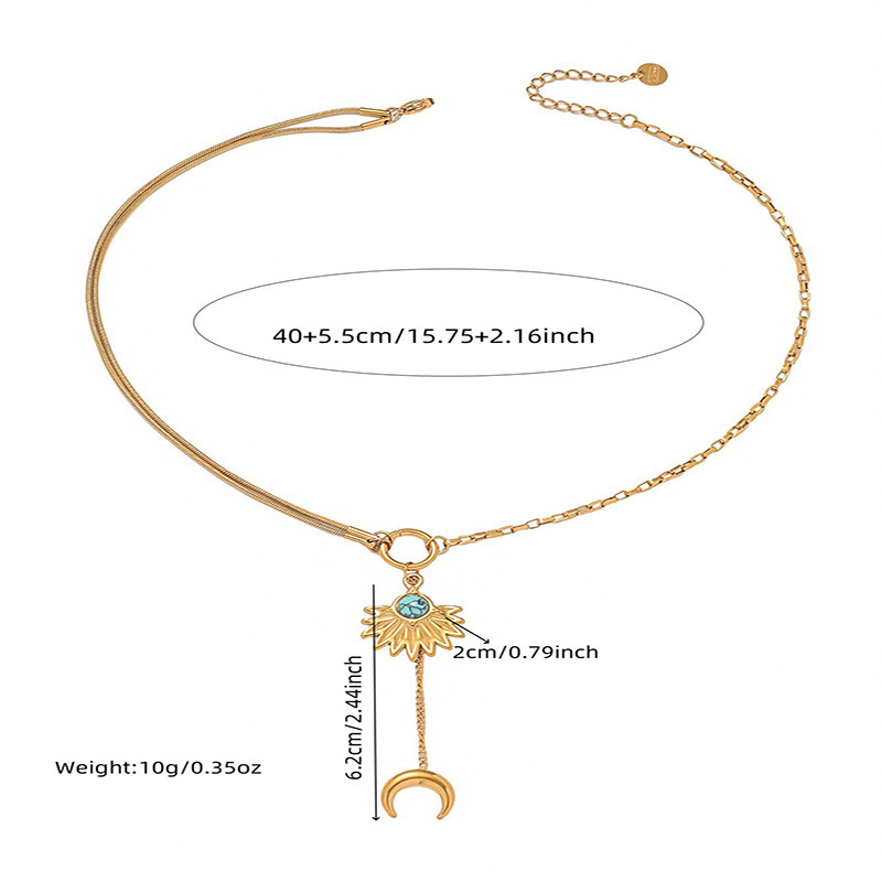 European and American cross-border fashion retro long tassel moon pendant stainless steel fan-shaped turquoise accessory chain necklace for women