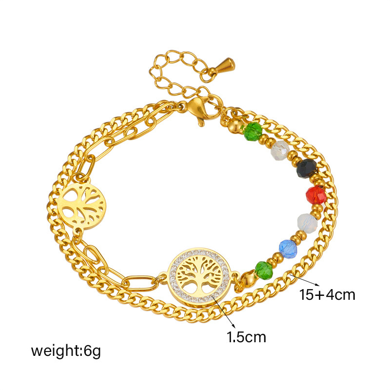 European and American fashion retro irregular chain round tree of life connected colorful bead double-layer bracelet