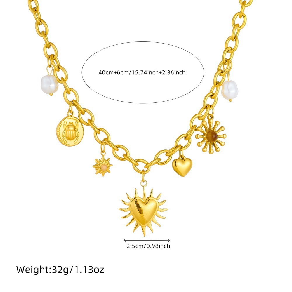 European and American cross-border fashion retro gold-plated chunky chain sun heart pearl insect round pendant stainless steel necklace