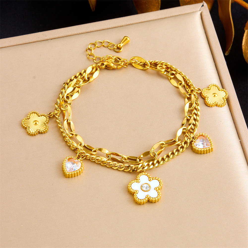 European and American cross-border fashion minimalist diamond-encrusted heart white shell flower double-layered stainless steel chain bracelet
