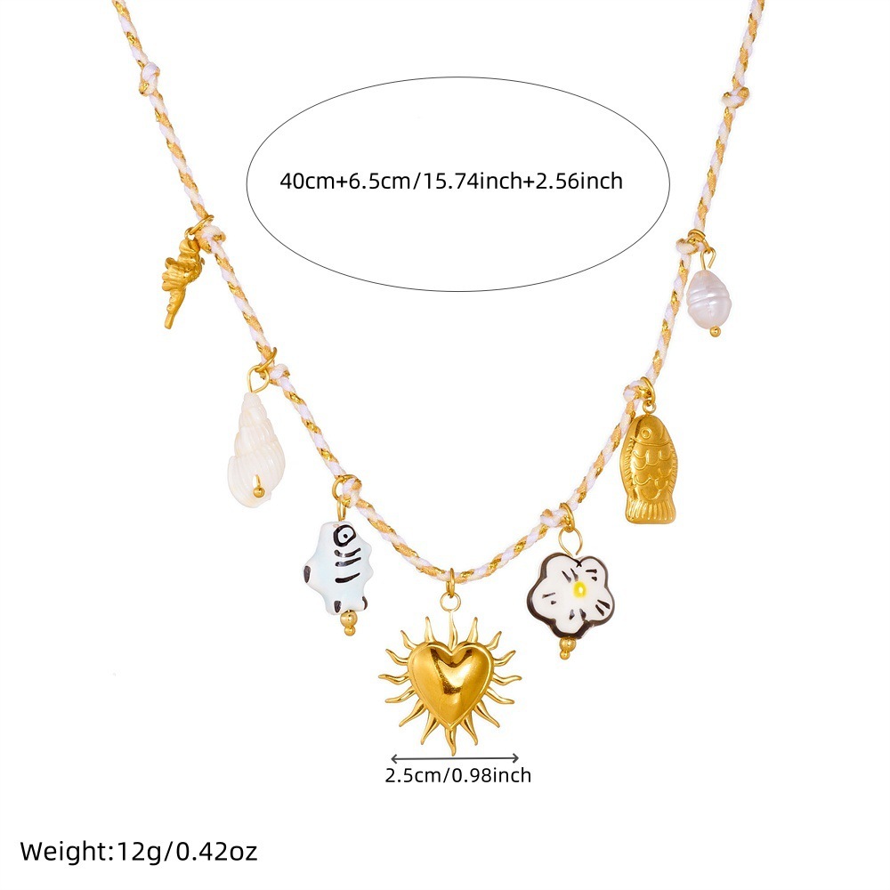 New cross-border fashion cute cartoon ceramic painted flower fish colorful hemp rope woven chain heart necklace
