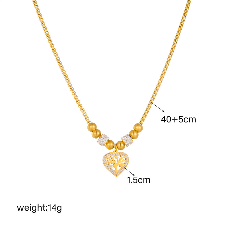 European and American style titanium steel tree of life heart pendant, personalized and simple gold-plated beaded chain necklace
