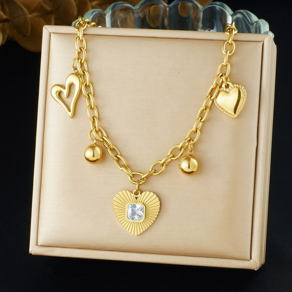 Korean style fashion gold-plated diamond-encrusted heart-shaped hollow pendant with round sphere accessories chain stainless steel jewelry necklace