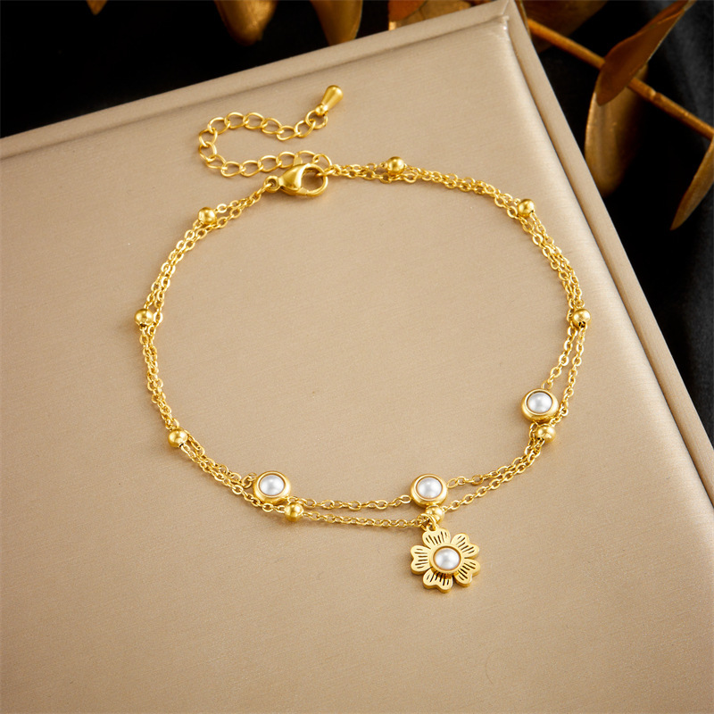 European and American style retro-style pearl flower pendant double-layer chain gold-plated stainless steel anklet