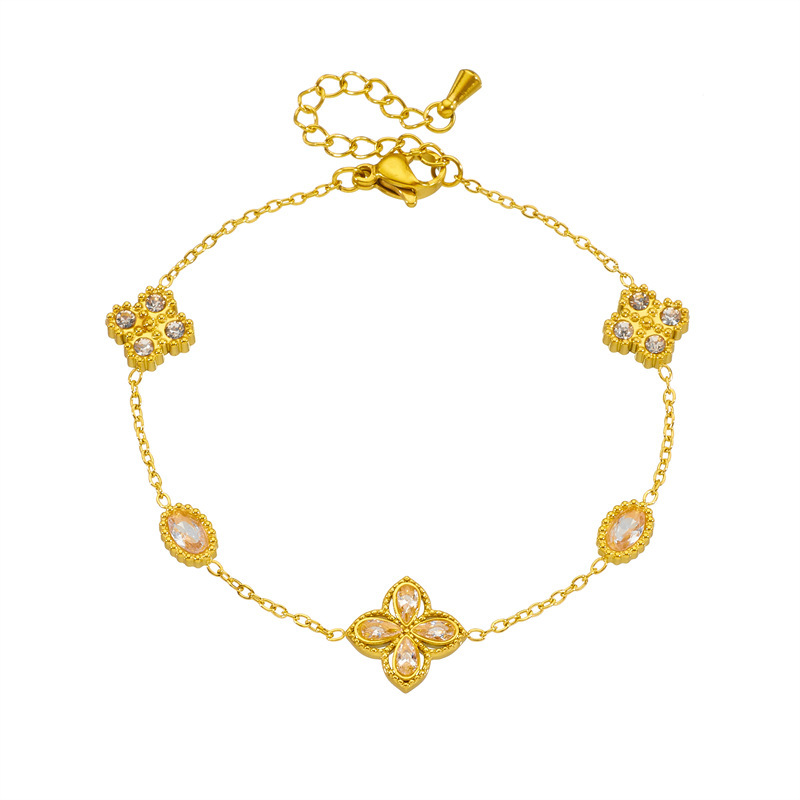 Fashionable cross-border rhinestone diamond four-petal flower double-layer chain pearl accessories geometric stainless steel bracelet