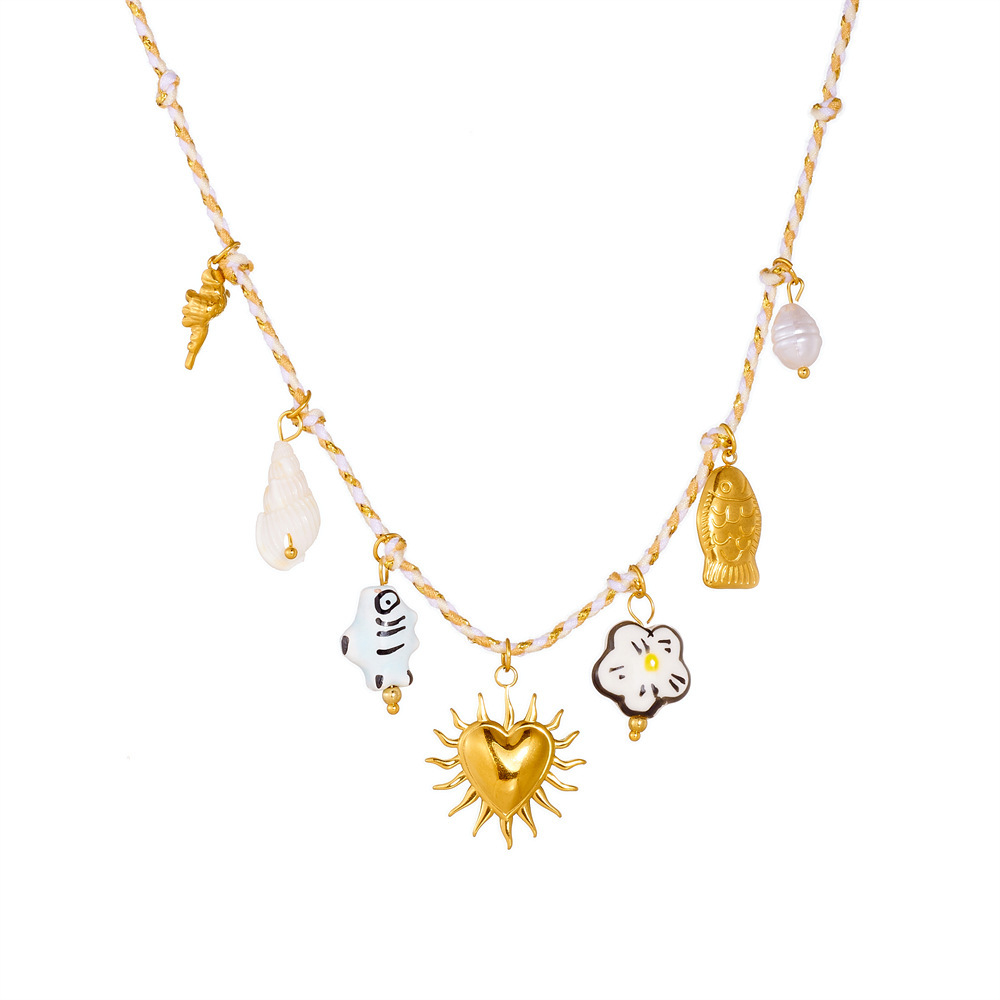 New cross-border fashion cute cartoon ceramic painted flower fish colorful hemp rope woven chain heart necklace