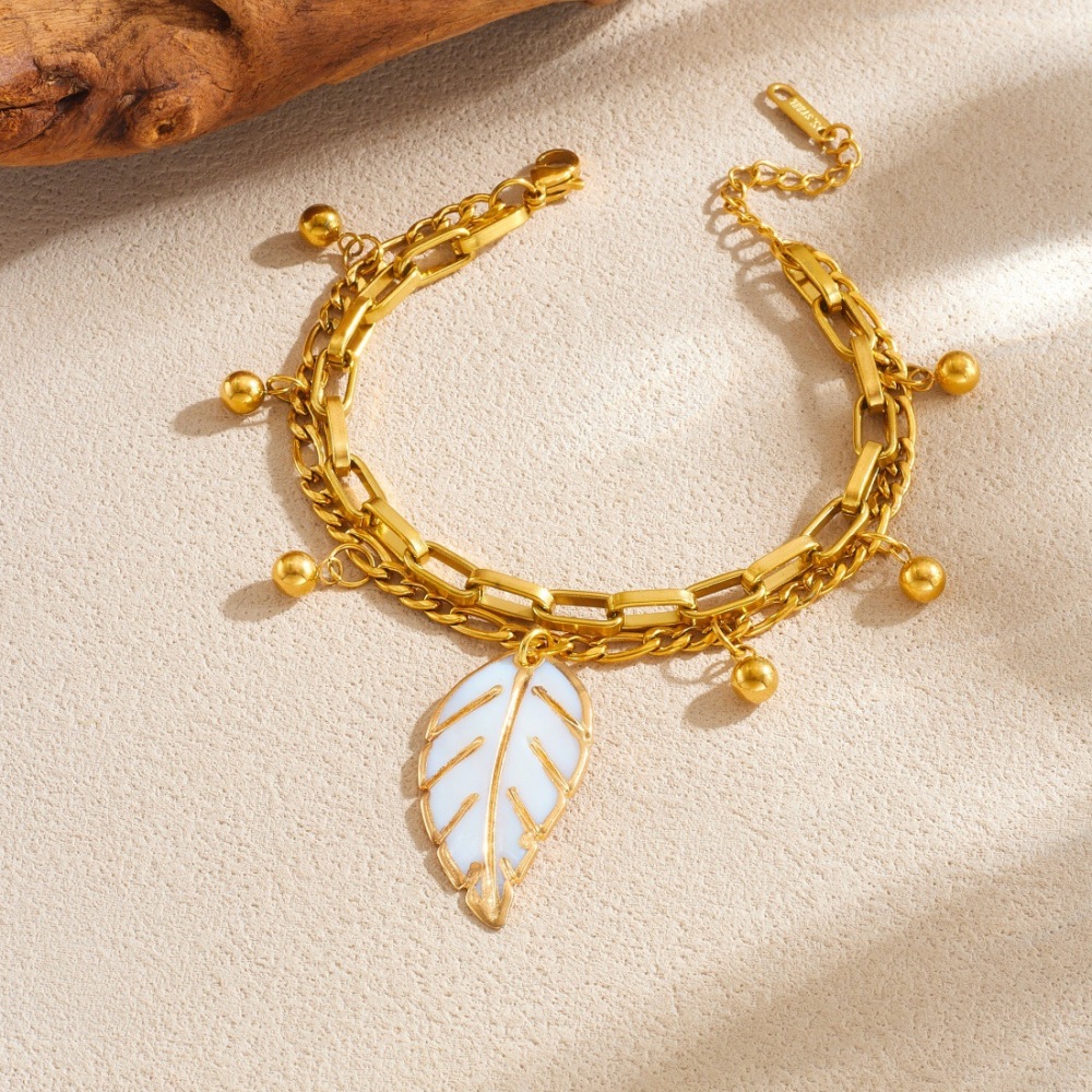 Cross-border fashion vintage layered metal double-layer stainless steel chain gold bead drip oil leaf pendant accessory bracelet