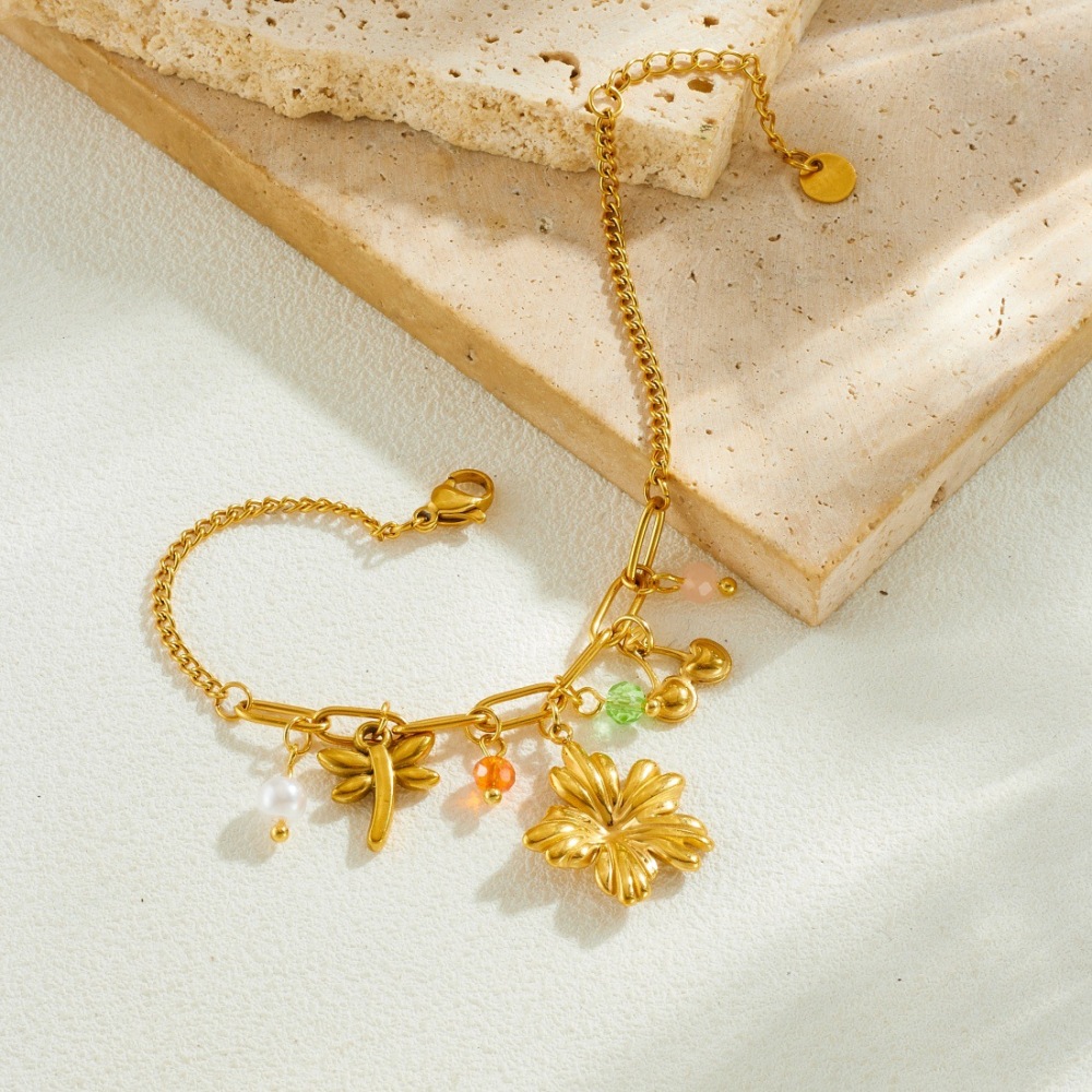 New fashionable pastoral style multi-element gold-plated cherry blossom dragonfly pendant pearl chain stainless steel bracelet for women