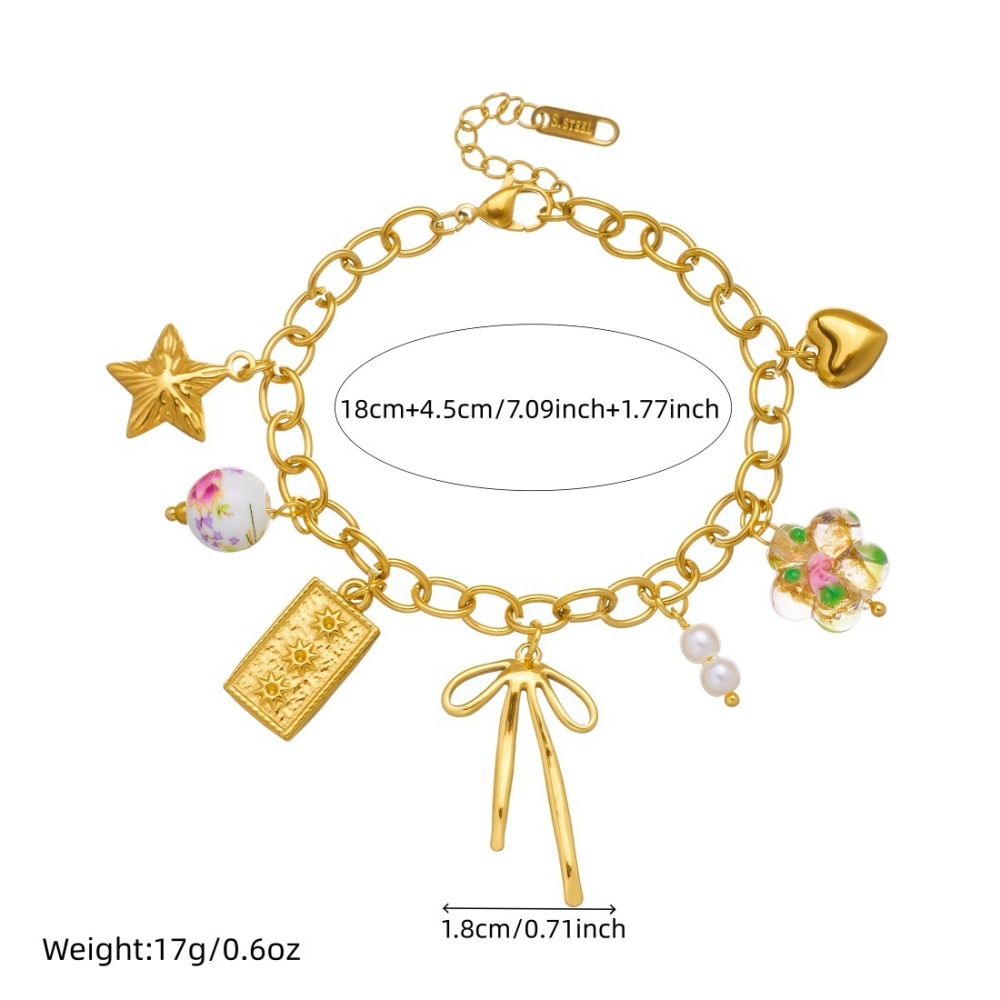 Niche fashion, fresh and rustic style, multi-pendant gold-plated chain, bow, star, ceramic beaded pendant bracelet