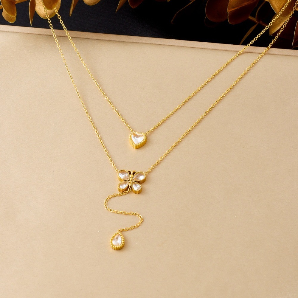 Korean style, fashionable, simple, versatile, diamond-encrusted heart-shaped butterfly pendant, stackable stainless steel gold-plated jewelry necklace