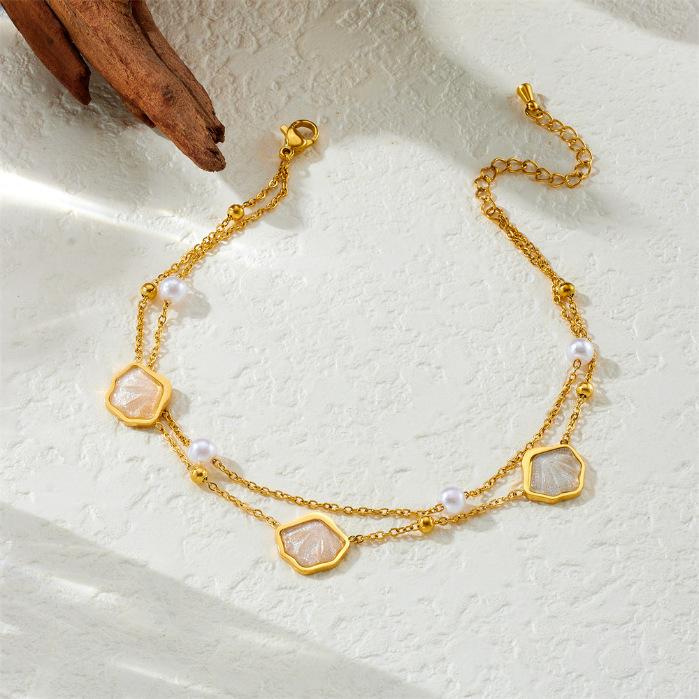 Stylish and simple colorful shimmering seashell and butterfly double-layered beach style stainless steel chain pearl starfish anklet