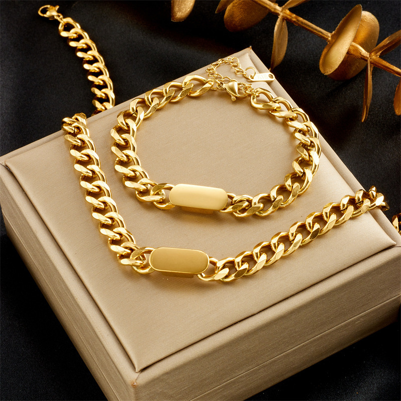 European and American style versatile gold titanium steel hip-hop style chunky necklace and bracelet for men and women, minimalist and sophisticated jewelry set