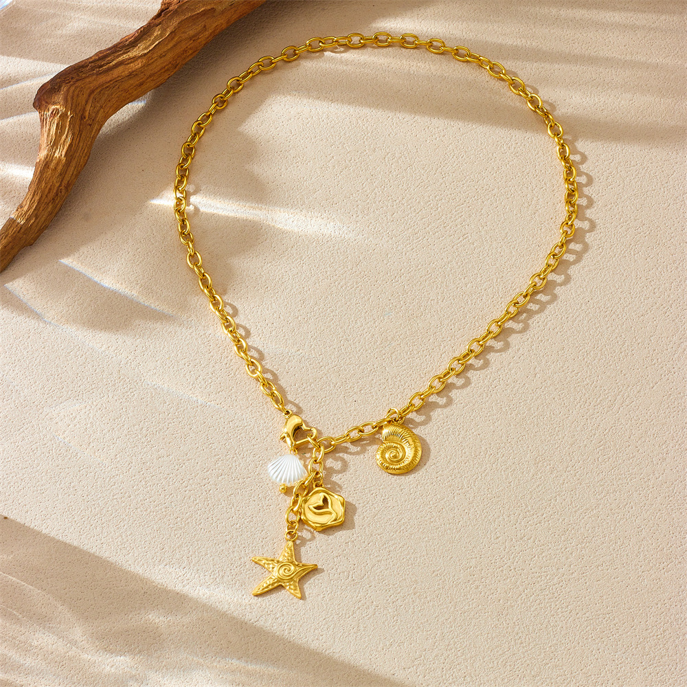 European and American fashion ocean style pendant starfish tail seashell gold-plated stainless steel chain jewelry necklace