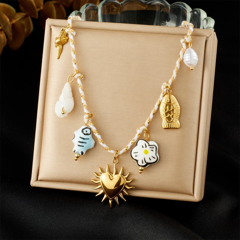 New cross-border fashion cute cartoon ceramic painted flower fish colorful hemp rope woven chain heart necklace