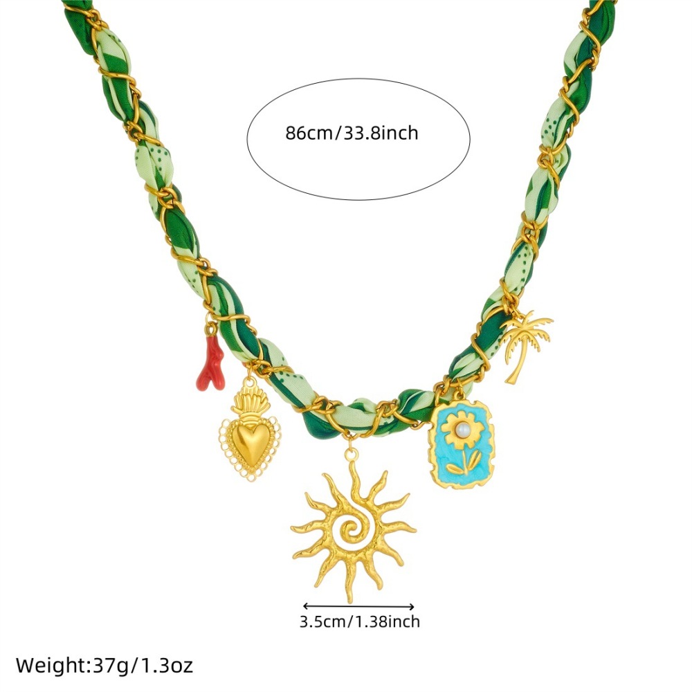 European and American cross-border fashion printed ribbon gold-plated chain wrapped necklace with dripping square flower sun pendant necklace