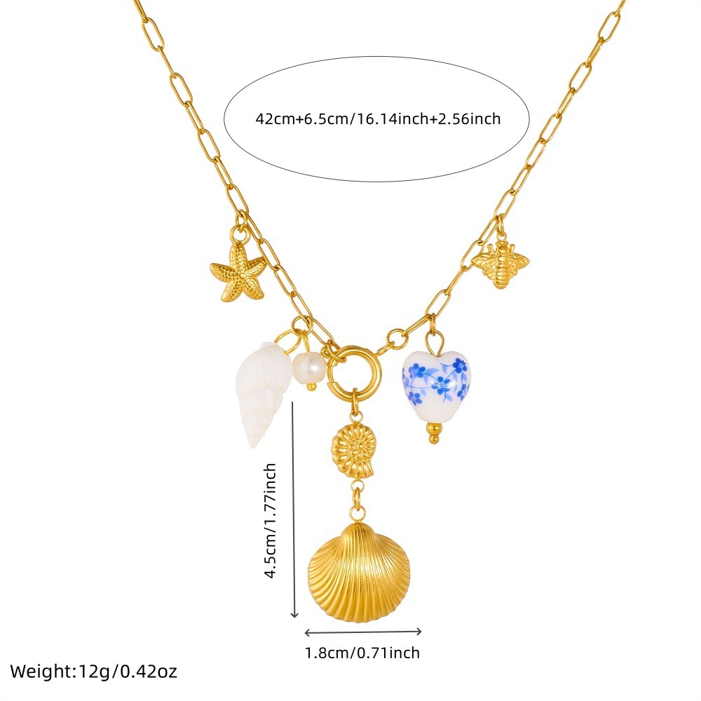 New cross-border ocean series summer vacation fan, seashell, starfish, painted print heart pendant necklace