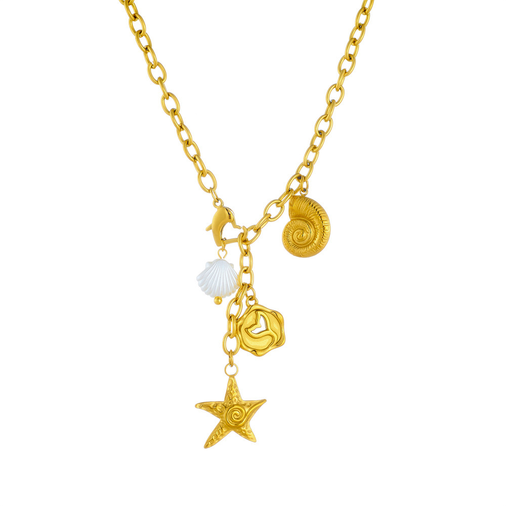 European and American fashion ocean style pendant starfish tail seashell gold-plated stainless steel chain jewelry necklace