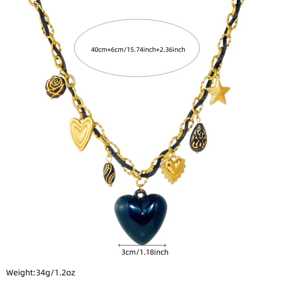Niche fashion design with multi-element sculpted floral geometric pendant, gold-plated black heart accessory necklace.