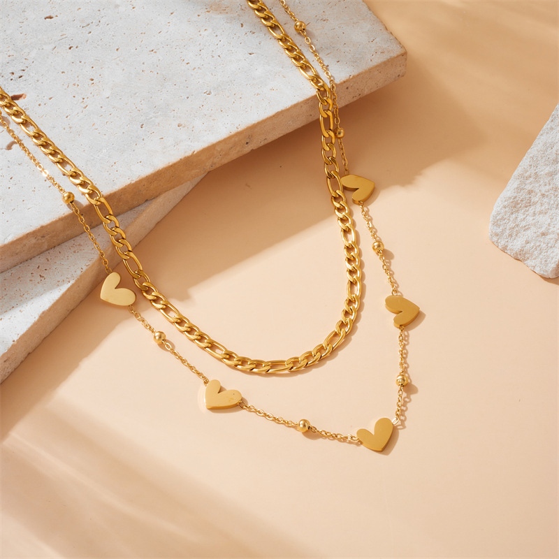 European and American cross-border fashion versatile double-layered heart chain stainless steel gold-plated necklace