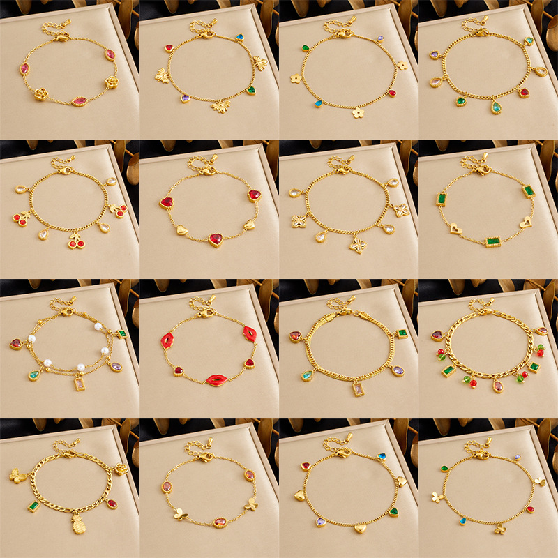 New cross-border minimalist and exquisite thin chain stainless steel bracelet with dripping lip, fruit, flower, and rhinestone accessories.