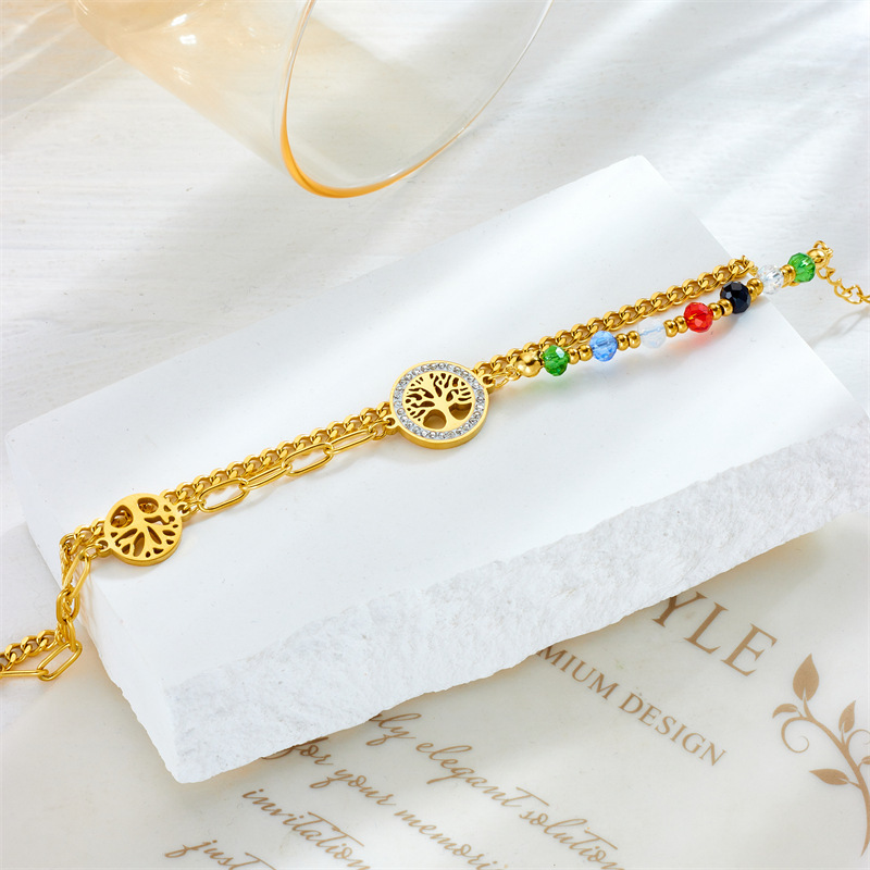 European and American fashion retro irregular chain round tree of life connected colorful bead double-layer bracelet