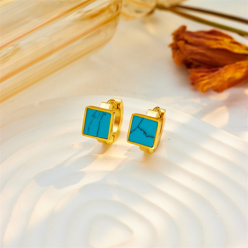 European and American fashion cross-border niche retro minimalist high-end versatile square geometric turquoise titanium steel earrings