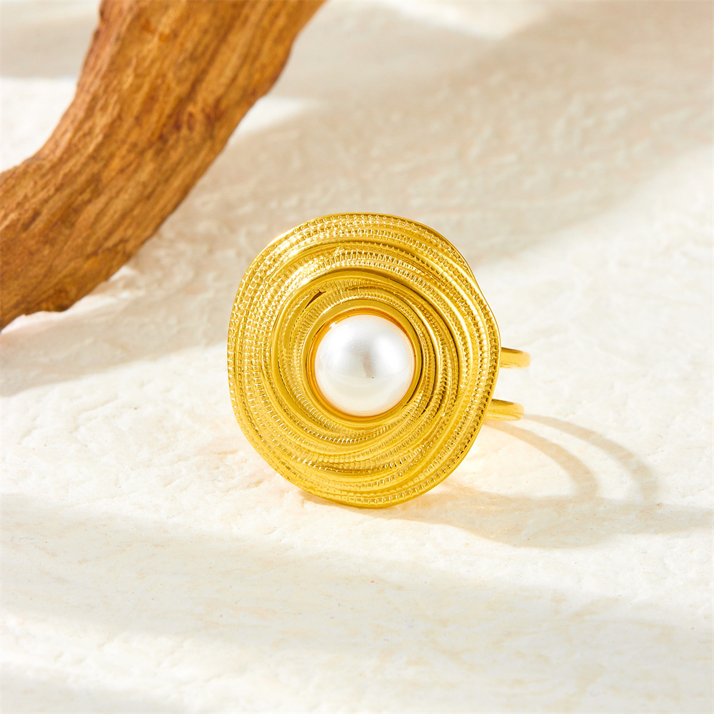 Fashionable French vintage style gold wire wrapped circle 18K pearl plated stainless steel necklace, earrings and ring set