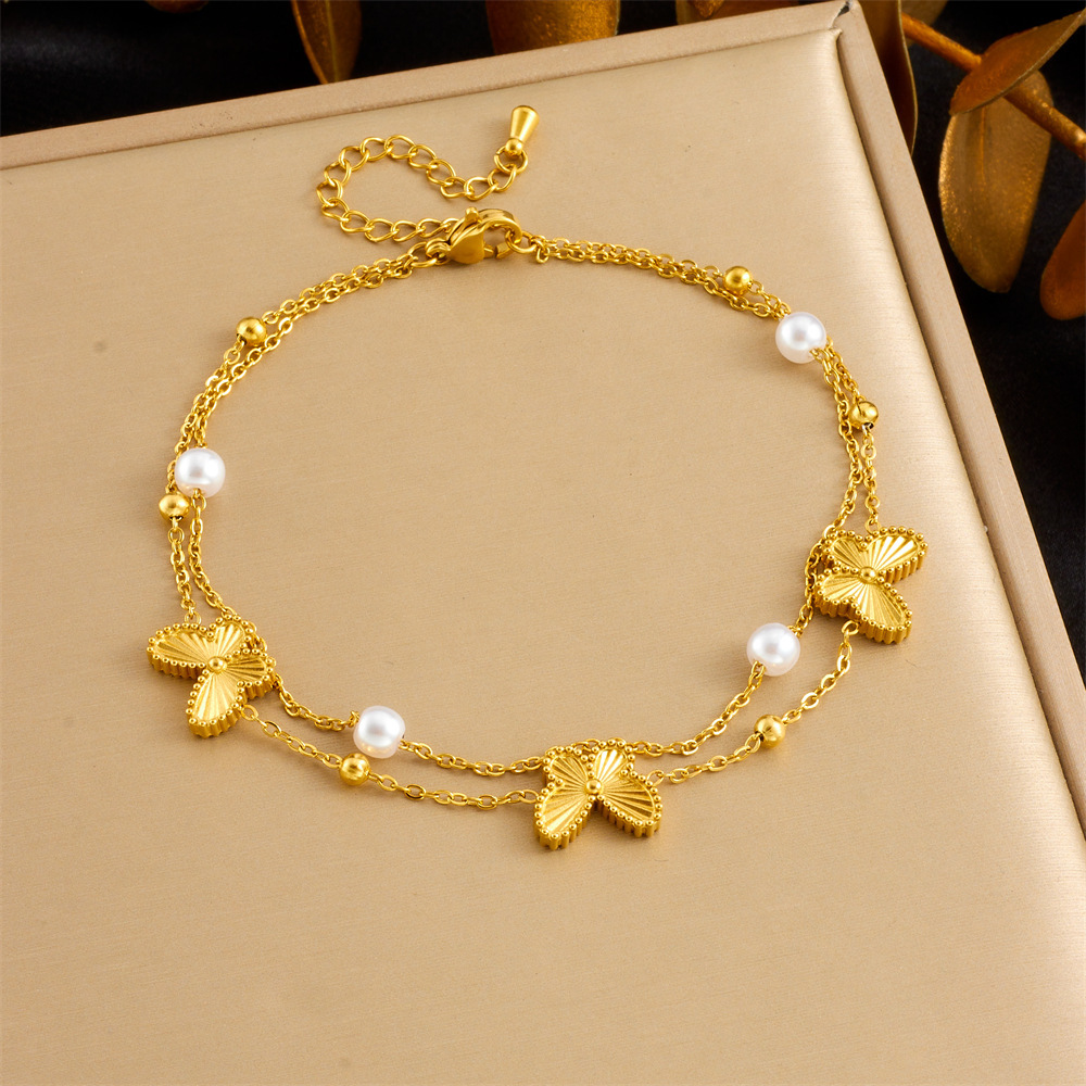 Stylish and simple colorful shimmering seashell and butterfly double-layered beach style stainless steel chain pearl starfish anklet